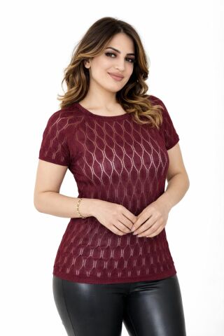 Kadın Triko Kısa Kol Bluz 12943 BGL-ST05309 BORDO - M/L