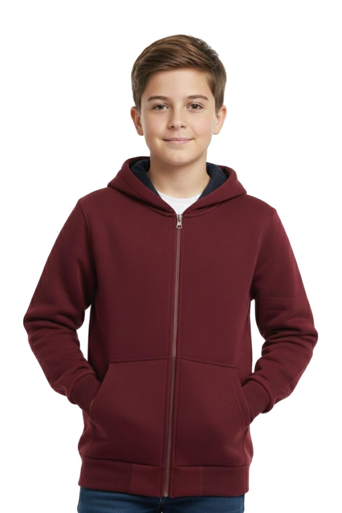 Bordo Fermuarlı Kapüşonlu Cepli Kız Erkek Sweatshirt BGL-ST04999 BORDO - 13 YAŞ