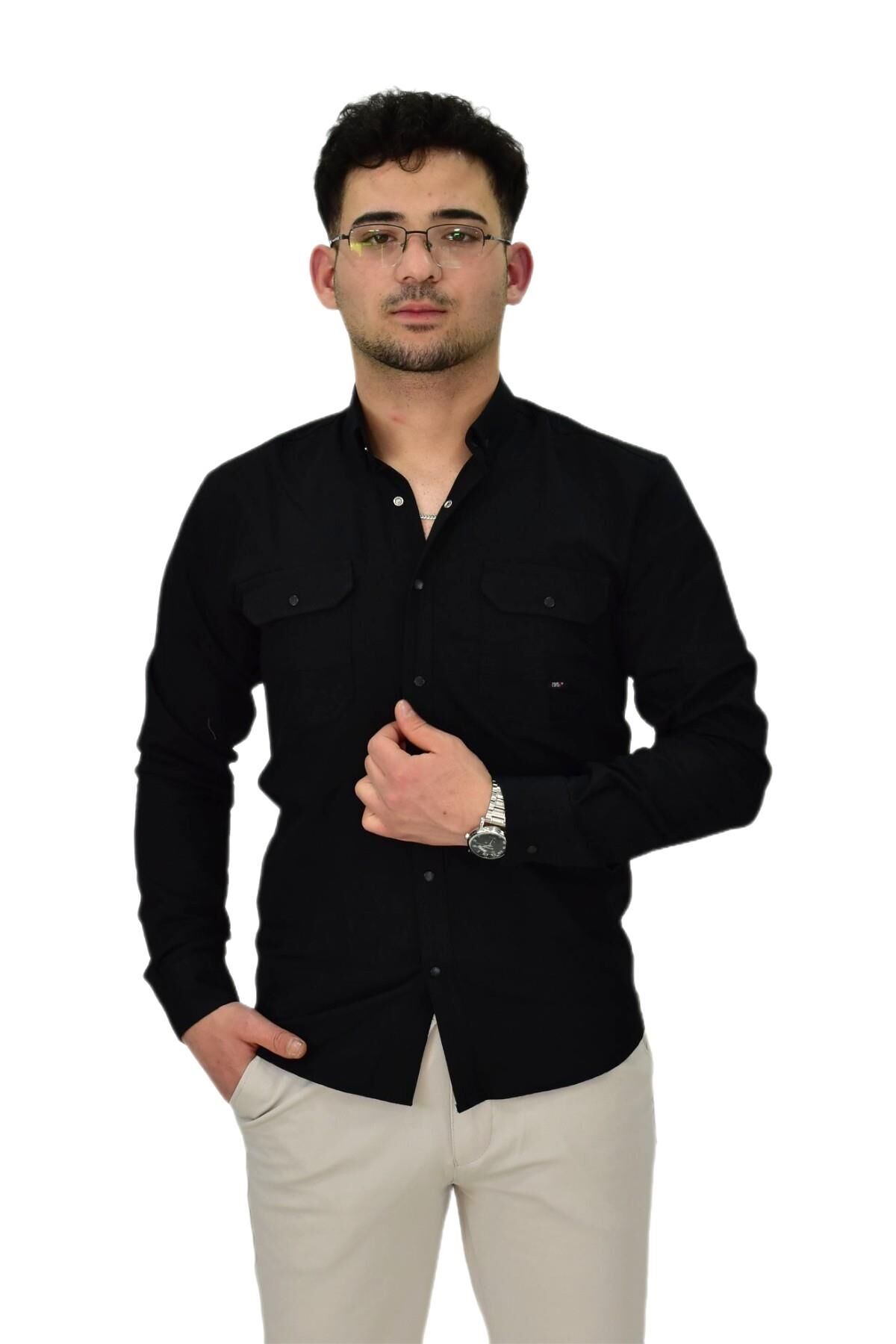 Erkek Spor Likralı Gömlek BGL-ST04343 SİYAH - 2XL