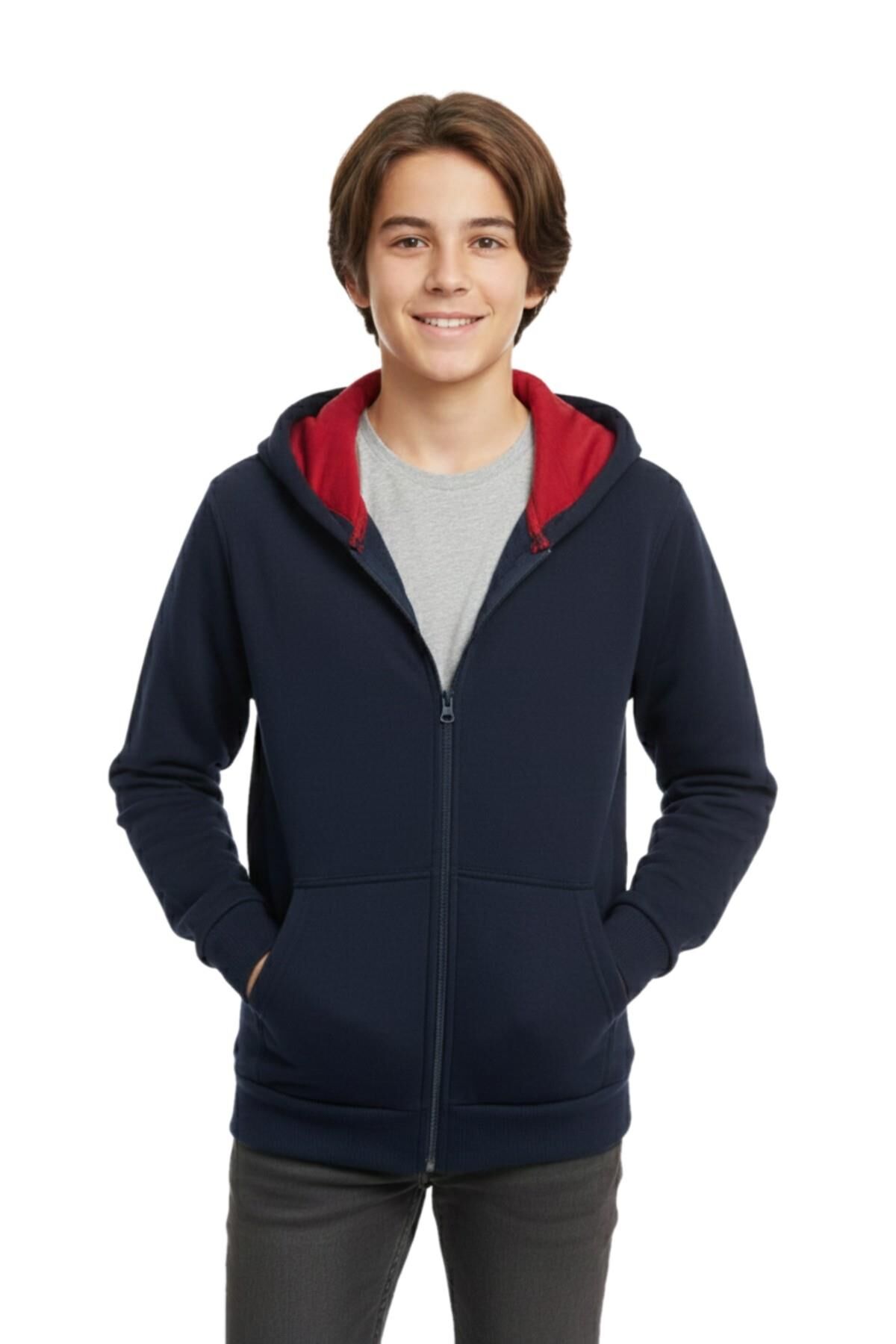Lacivert Fermuarlı Kapüşonlu Cepli Kız Erkek Sweatshirt BGL-ST05000 LACİVERT - 14 YAŞ