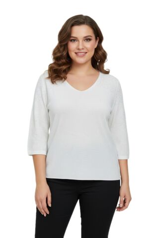 Kadın V Yaka Yaka Truva Kol Kazak BGL-ST05081 BEYAZ - M/L