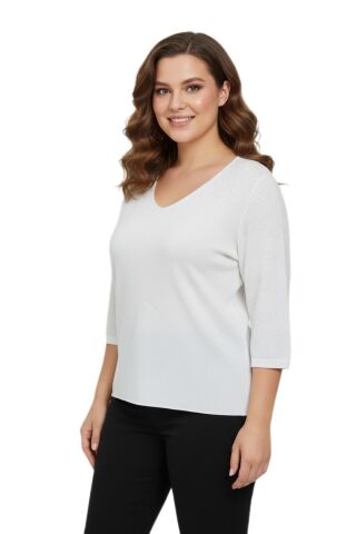 Kadın V Yaka Yaka Truva Kol Kazak BGL-ST05081 BEYAZ - M/L