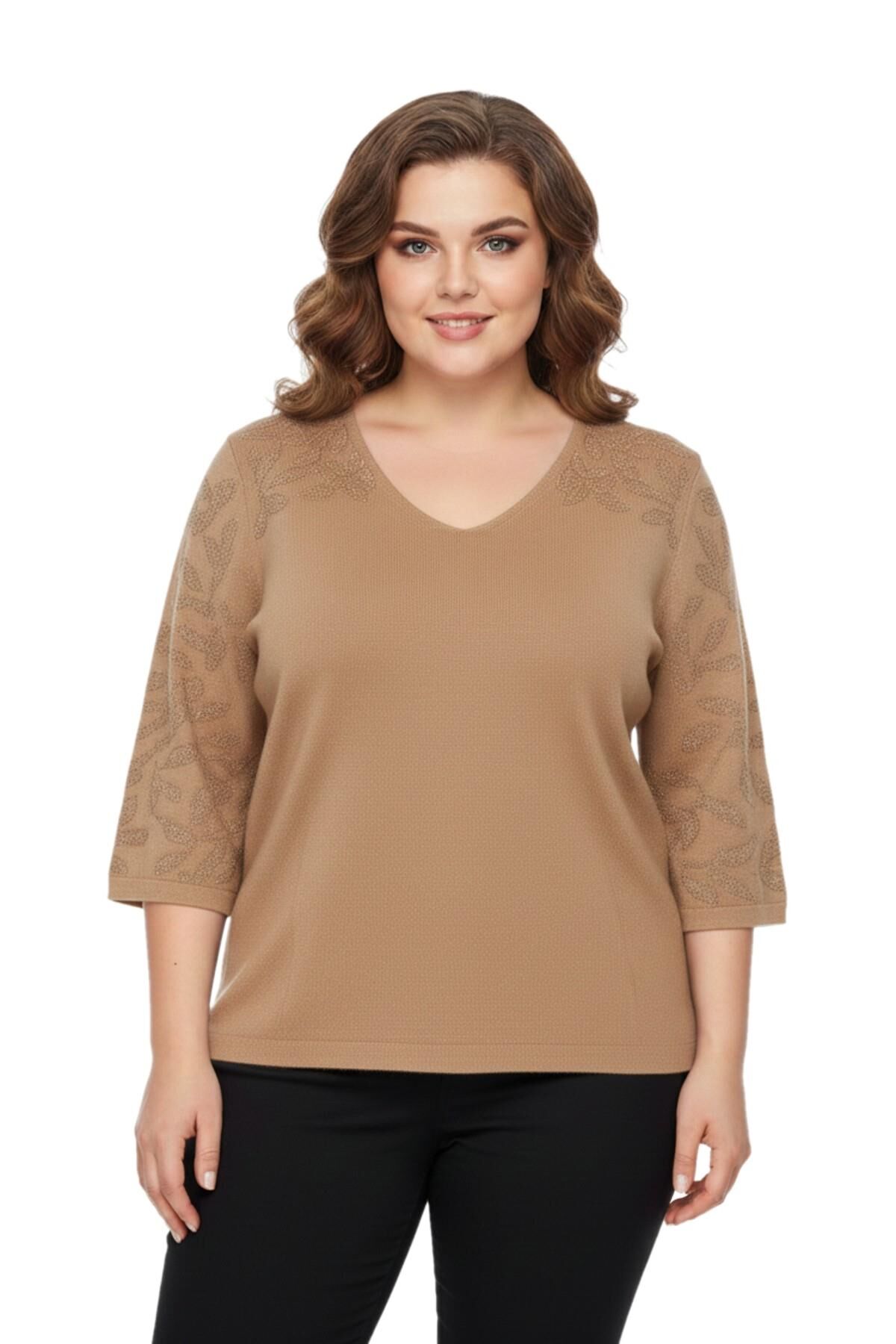 Kadın V Yaka Yaka Truva Kol Kazak BGL-ST05081 CAMEL - M/L