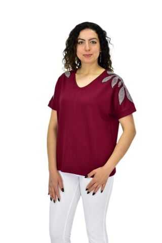 Kadın Yarım Kol V Yaka Taşlı Likralı Tişöt  BGL-ST04654 BORDO - M/L