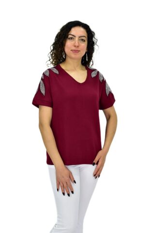 Kadın Yarım Kol V Yaka Taşlı Likralı Tişöt  BGL-ST04654 BORDO - M/L