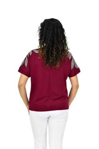 Kadın Yarım Kol V Yaka Taşlı Likralı Tişöt  BGL-ST04654 BORDO - M/L