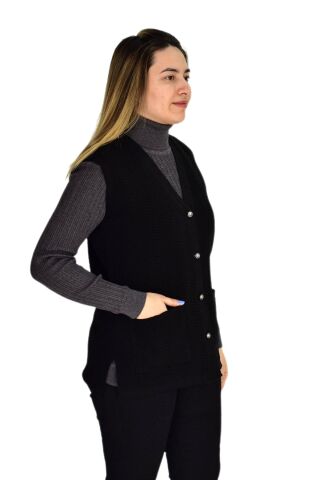 Kadın Cepli Triko Yelek BGL-ST03343 SİYAH - XL
