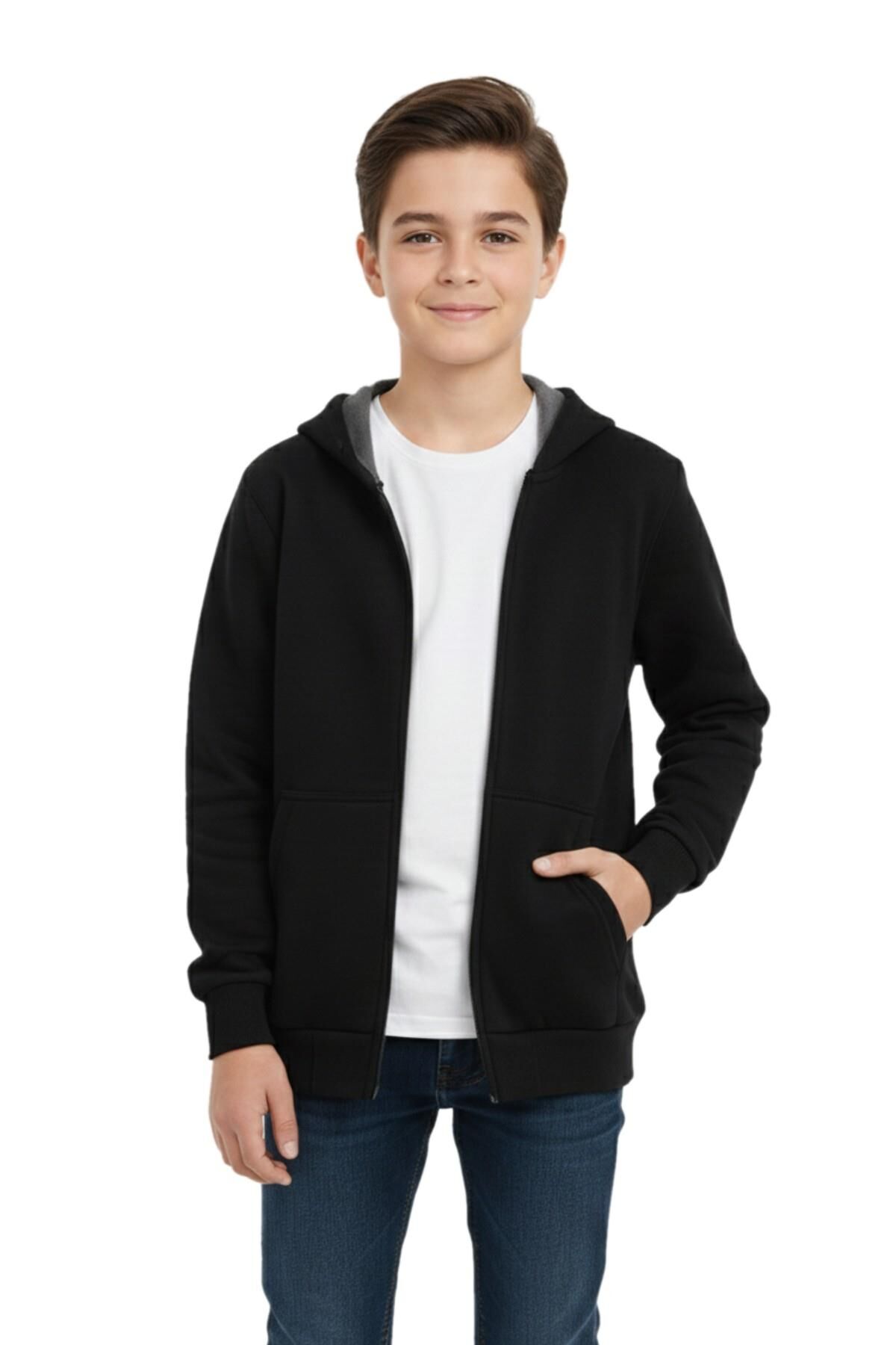 Siyah Fermuarlı Kapüşonlu Cepli Kız Erkek Sweatshirt BGL-ST05001 SİYAH - 14 YAŞ