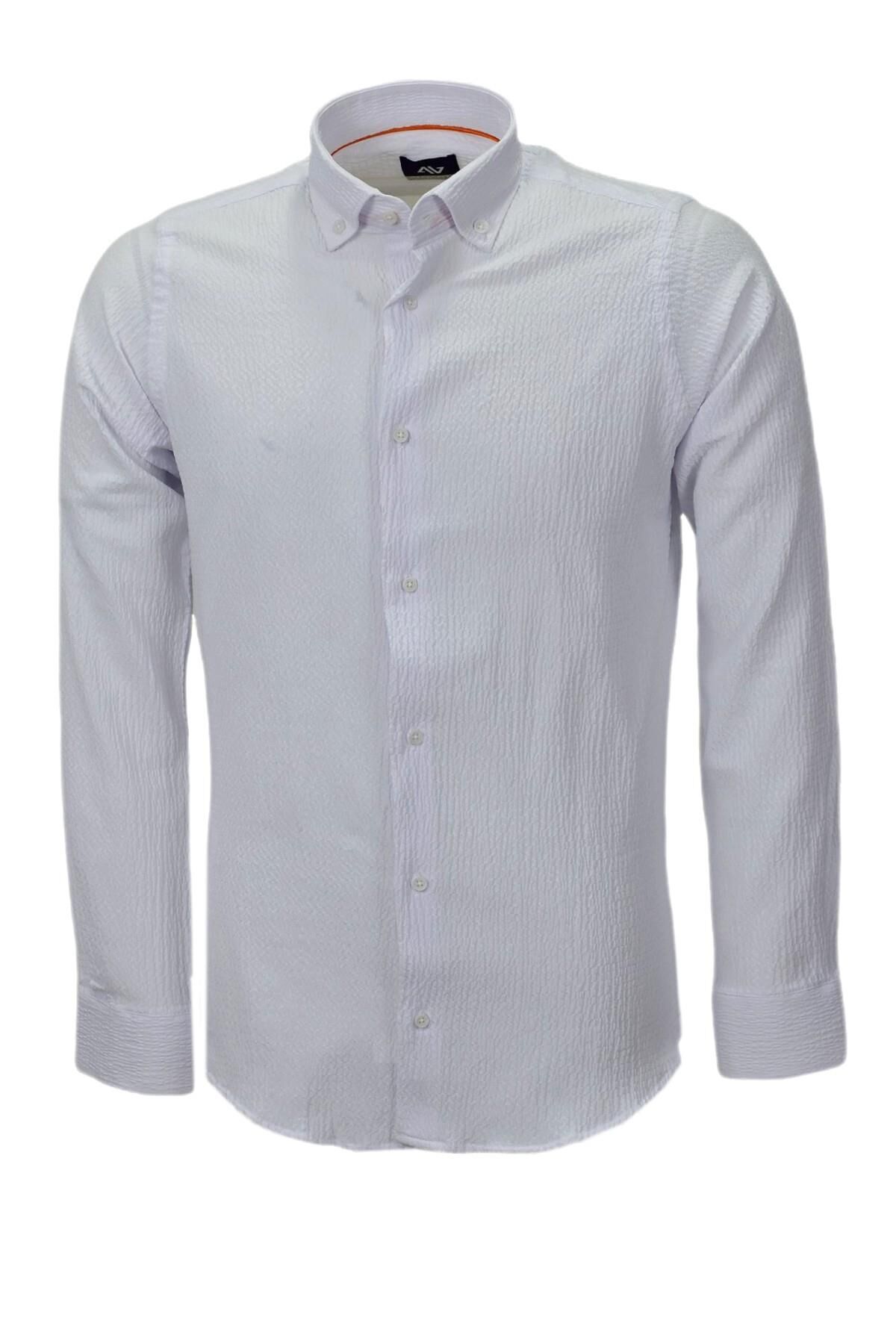 Erkek Silim Fit Spor Gofre Uzun Kol Gömlek BGL-ST03898 BEYAZ - M