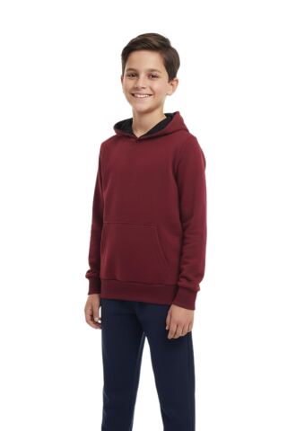 Çocuk Bordo Kapüşonlu Cepli 3 İplik Kız Erkek Sweatshirt BGL-ST05004 BORDO - 10 YAŞ