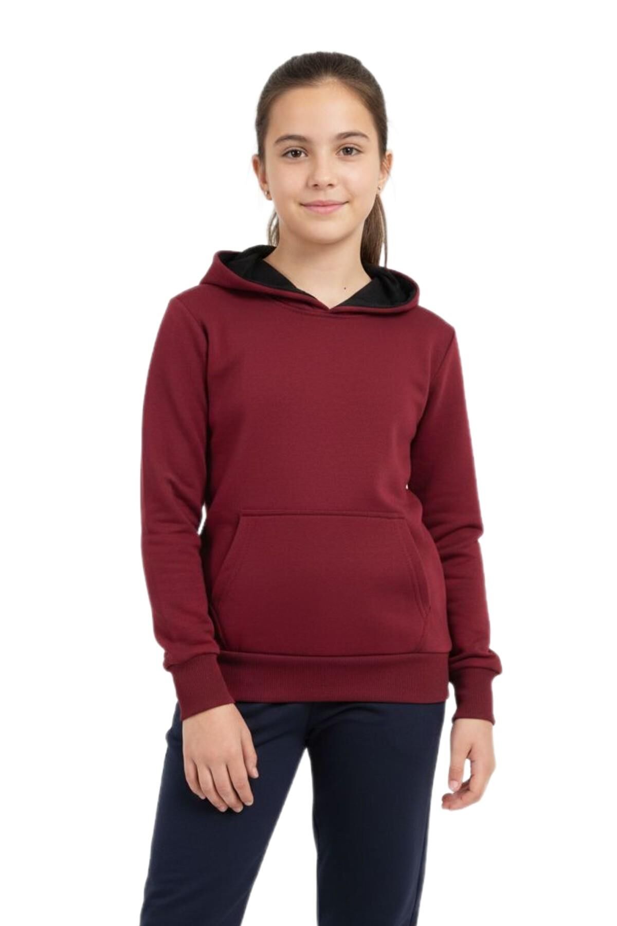 Çocuk Bordo Kapüşonlu Cepli 3 İplik Kız Erkek Sweatshirt BGL-ST05004 BORDO - 11 YAŞ