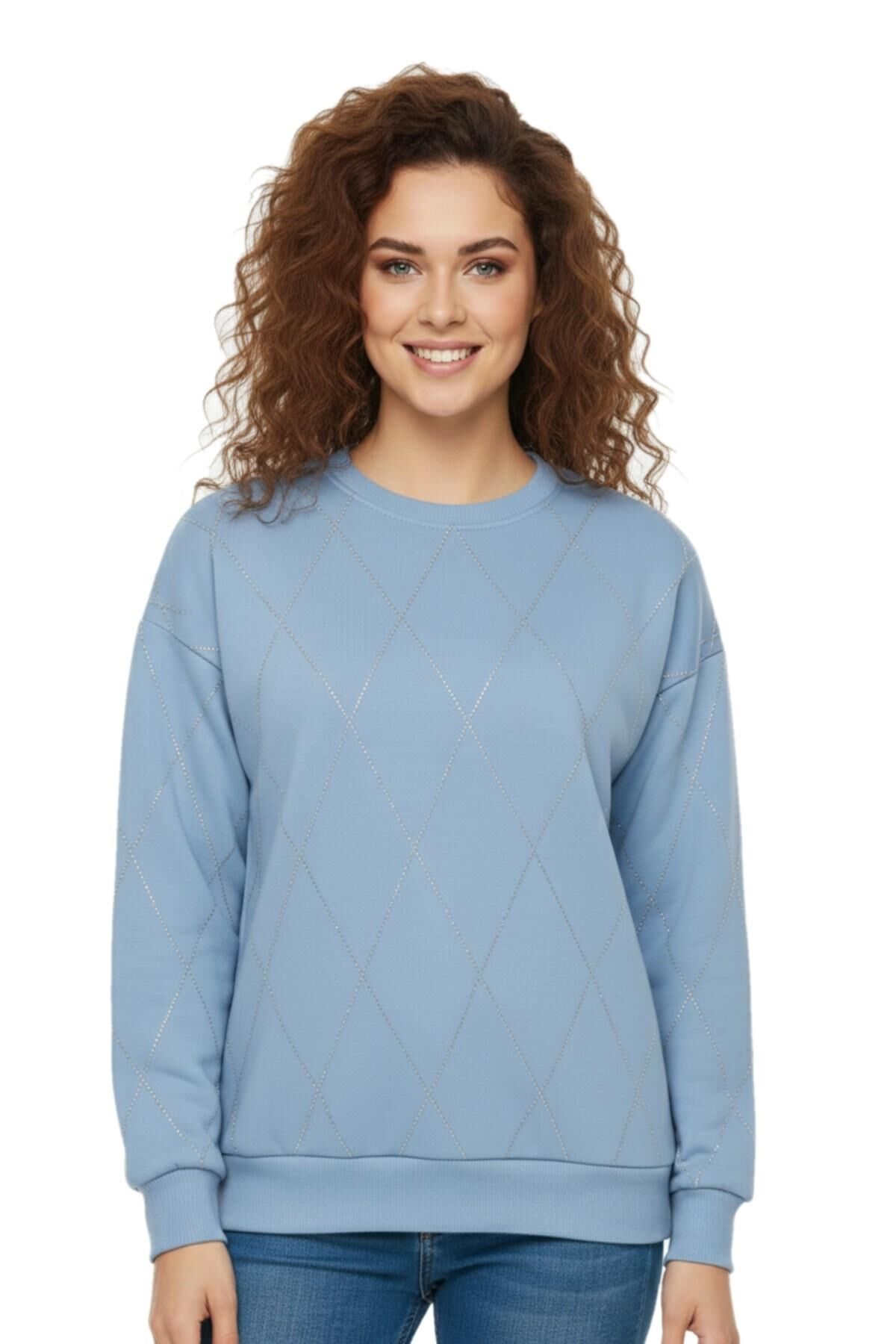 Kadın Sıfıryaka Sweatshirt Taşlı BGL-ST05060 MAVİ - M