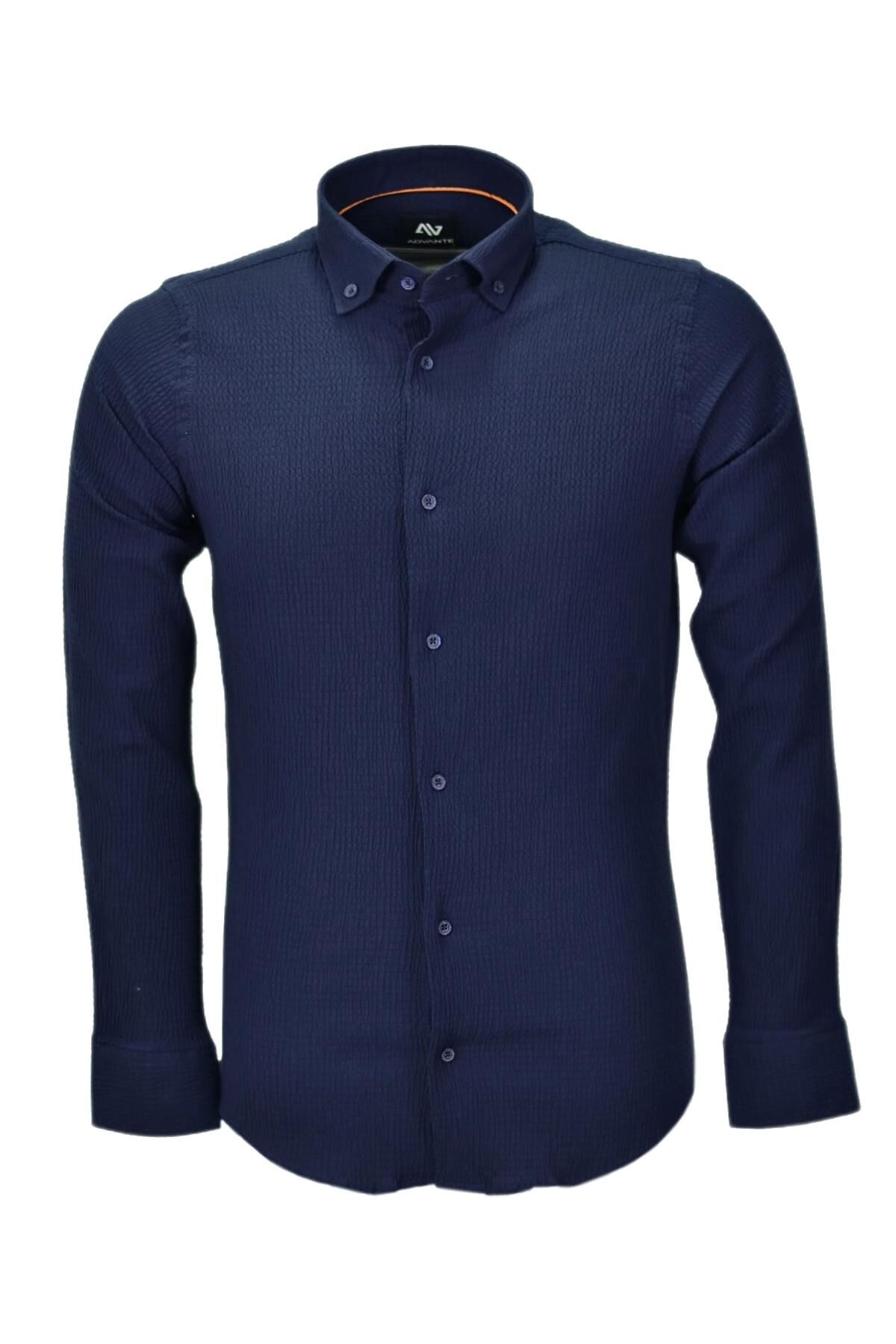 Erkek Silim Fit Spor Gofre Uzun Kol Gömlek BGL-ST03898 LACİVERT - L