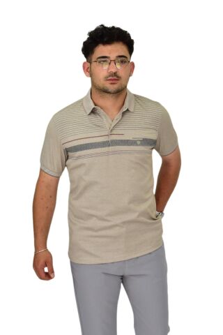 Erkek Polo Yaka Pano Çizgili Tişört T273 BGL-ST04592 BEJ - XL