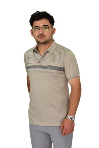 Erkek Polo Yaka Pano Çizgili Tişört T273 BGL-ST04592 BEJ - XL