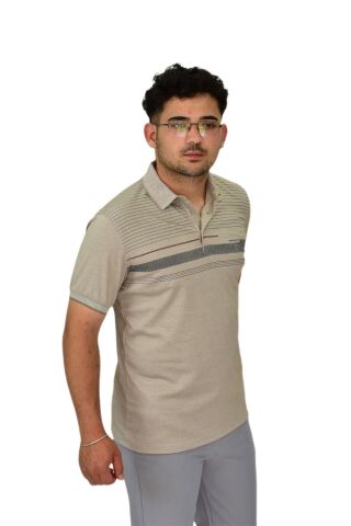 Erkek Polo Yaka Pano Çizgili Tişört T273 BGL-ST04592 BEJ - XL