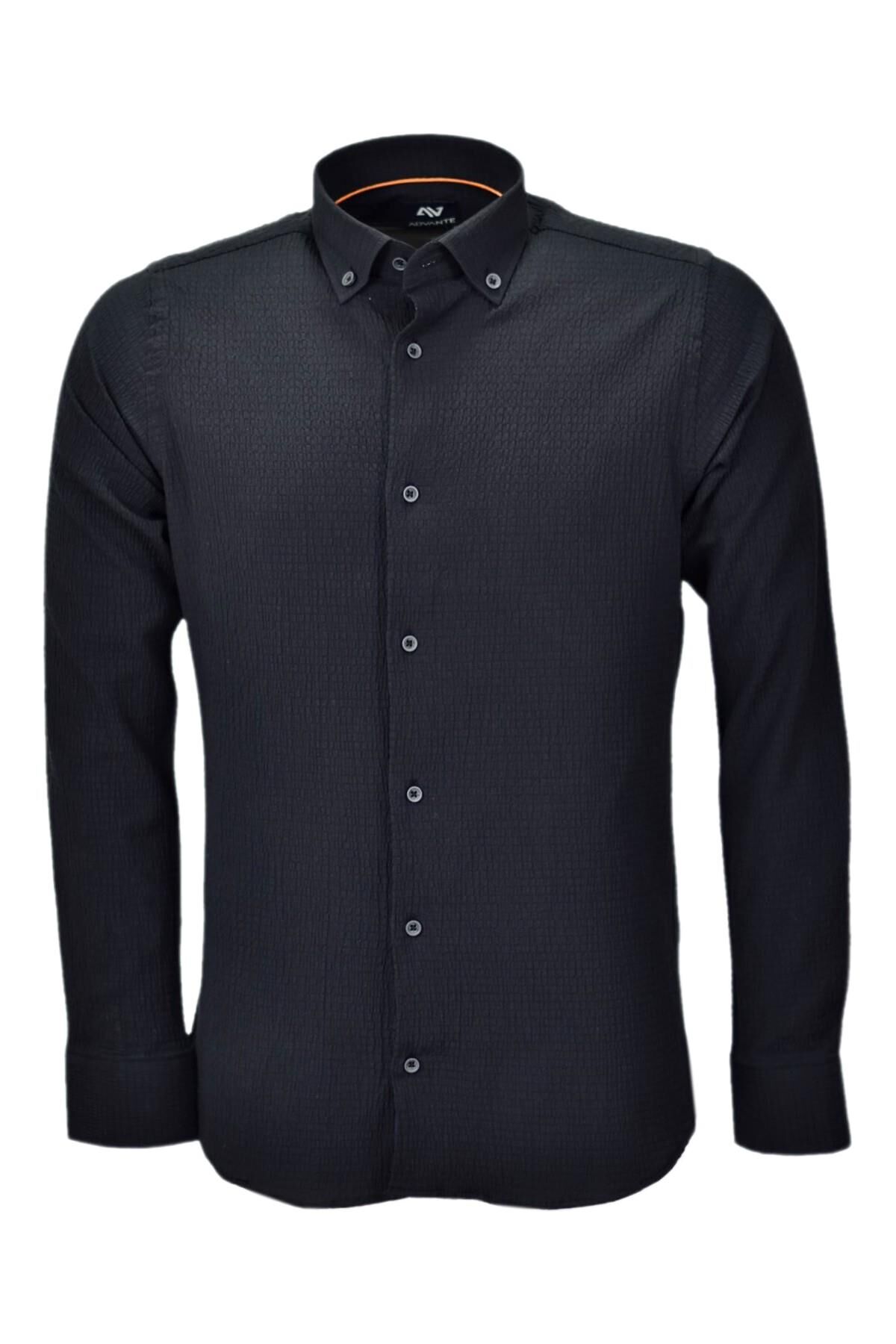 Erkek Silim Fit Spor Gofre Uzun Kol Gömlek BGL-ST03898 SİYAH - L