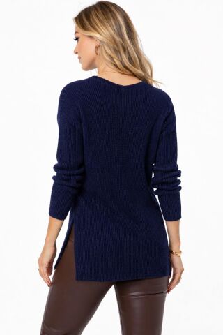 Kadın V Yaka Yaka Simli Kazak 12141 BGL-ST05304 LACİVERT - M/L
