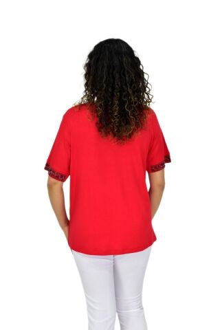 Kadın Kısa Kol Taşlı Bluz BGL-ST04709 KIRMIZI - XL