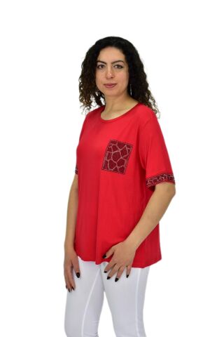 Kadın Kısa Kol Taşlı Bluz BGL-ST04709 KIRMIZI - 2XL