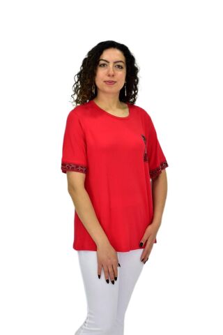 Kadın Kısa Kol Taşlı Bluz BGL-ST04709 KIRMIZI - 2XL