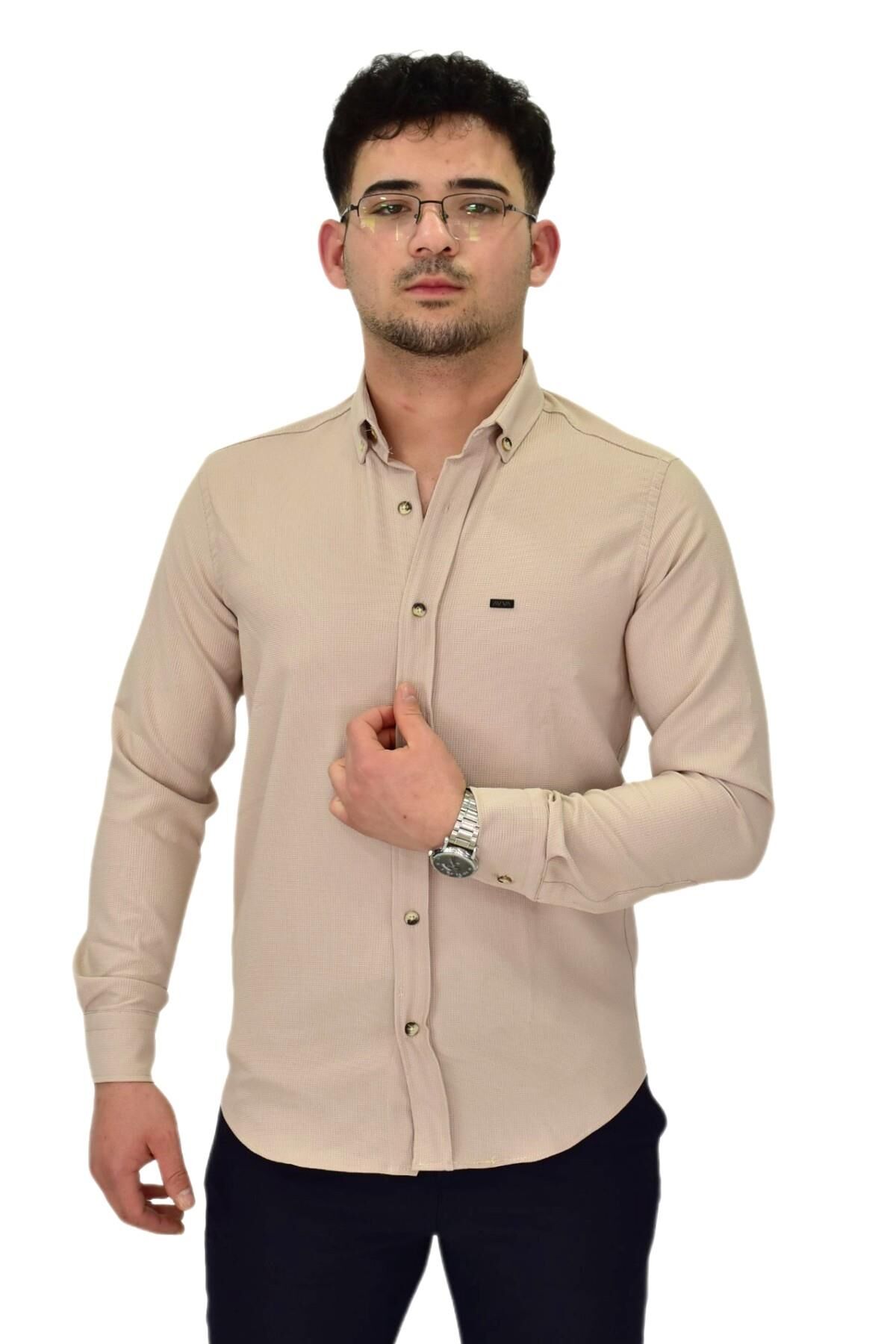 Erkek Likralı Spor Silim Fit Gömlek BGL-ST04327 BEJ - M