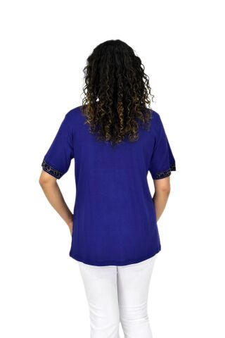 Kadın Kısa Kol Taşlı Bluz BGL-ST04709 LACİVERT - XL