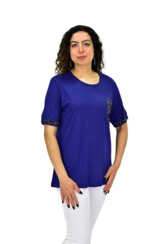 Kadın Kısa Kol Taşlı Bluz BGL-ST04709 LACİVERT - XL