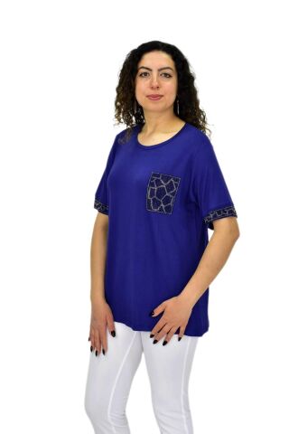 Kadın Kısa Kol Taşlı Bluz BGL-ST04709 LACİVERT - XL