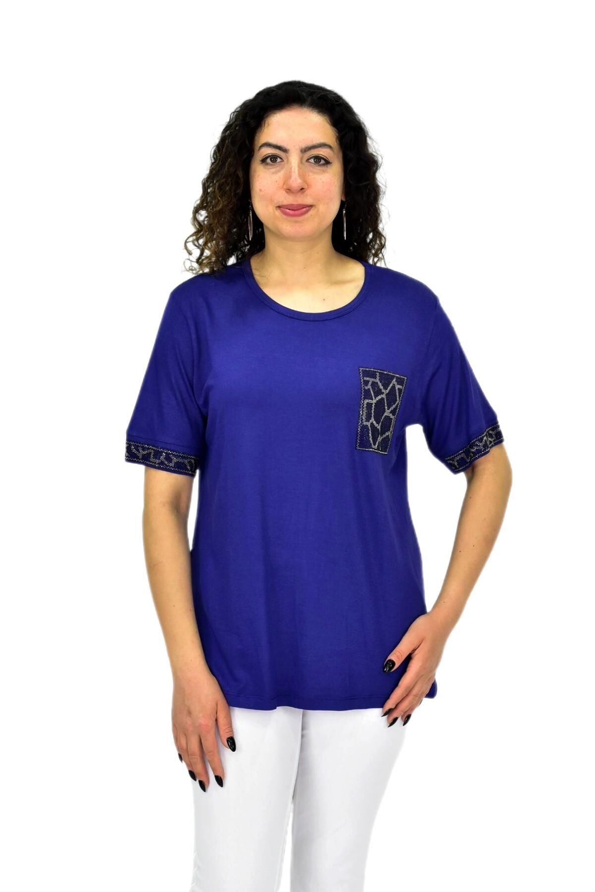 Kadın Kısa Kol Taşlı Bluz BGL-ST04709 LACİVERT - XL