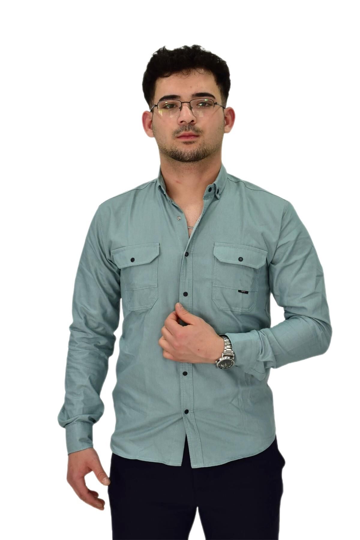 Erkek Spor Likralı Gömlek BGL-ST04343 MİNT-YEŞİLİ - 2XL