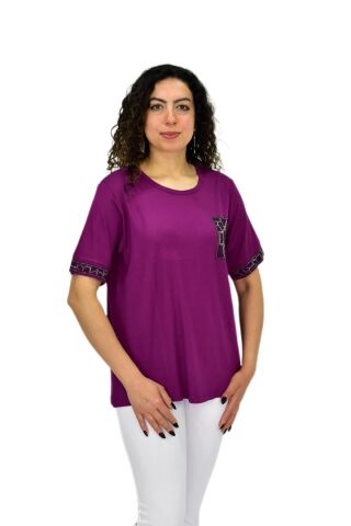Kadın Kısa Kol Taşlı Bluz BGL-ST04709 MOR - XL