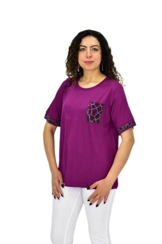 Kadın Kısa Kol Taşlı Bluz BGL-ST04709 MOR - XL