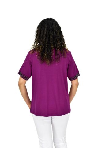 Kadın Kısa Kol Taşlı Bluz BGL-ST04709 MOR - XL