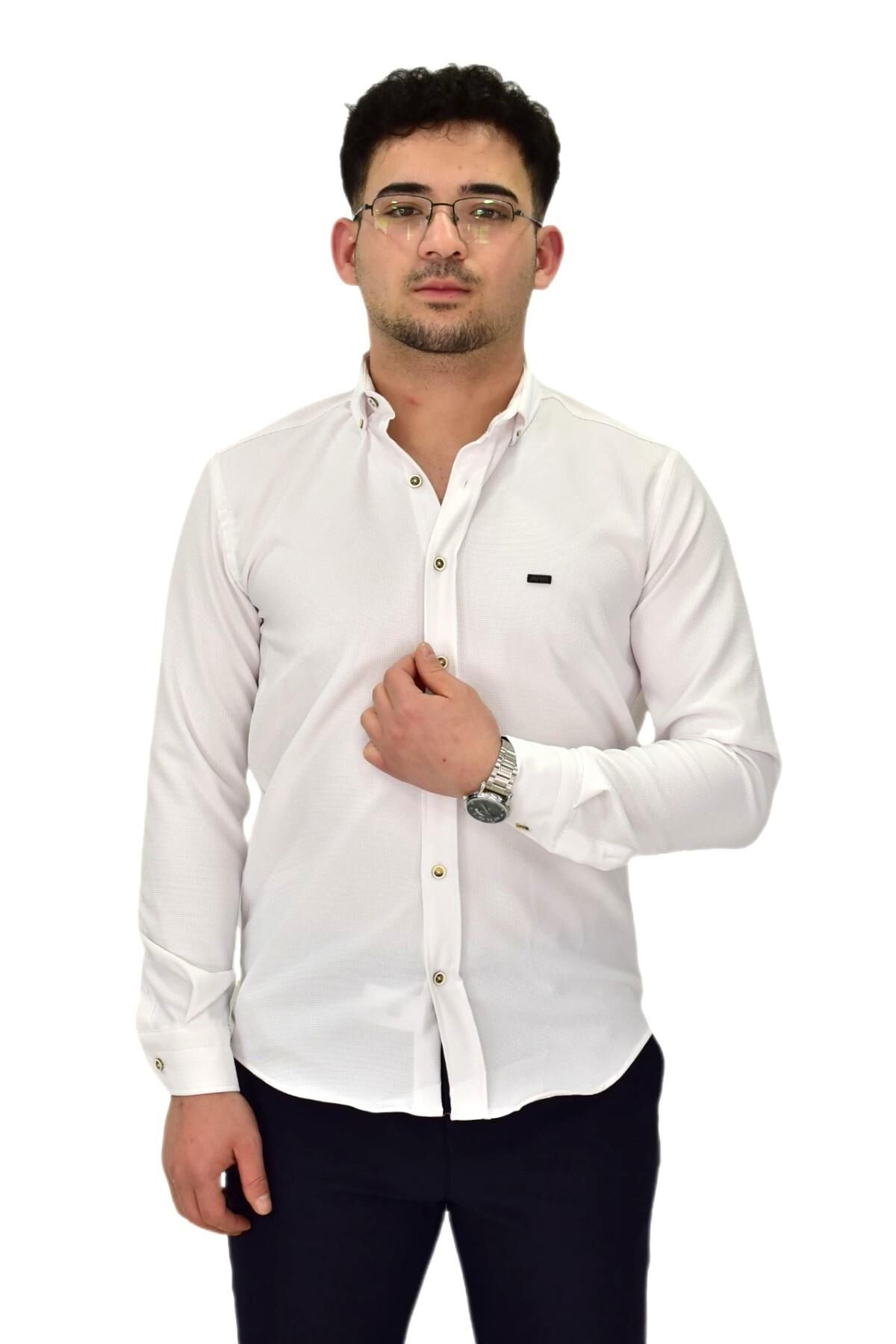 Erkek Likralı Spor Silim Fit Gömlek BGL-ST04327 BEYAZ - XL