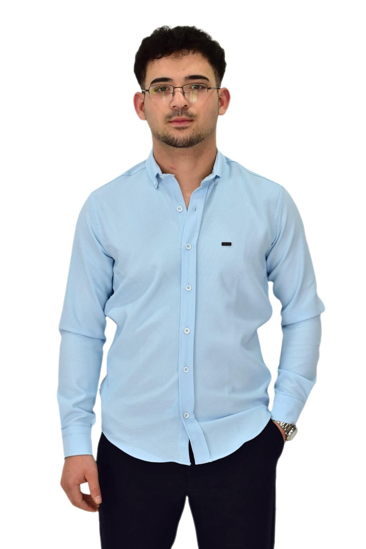 Erkek Likralı Spor Silim Fit Gömlek BGL-ST04327 BUZ.MAVİ - M