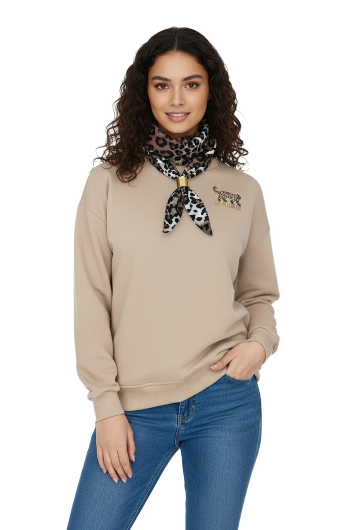 Kadın Spor Sıfıryaka Sweatshirt Fular lı BGL-ST05062 BEJ - L