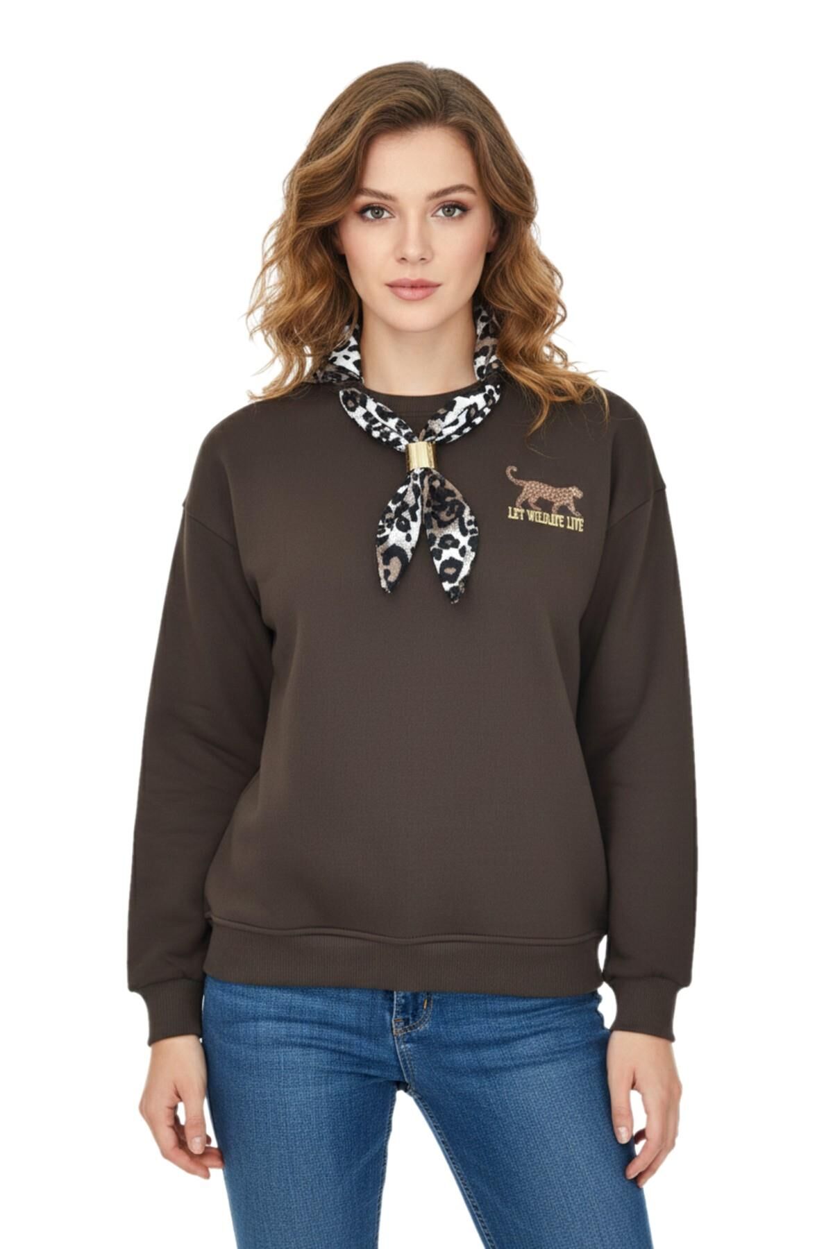 Kadın Spor Sıfıryaka Sweatshirt Fular lı BGL-ST05062 KAHVE - S