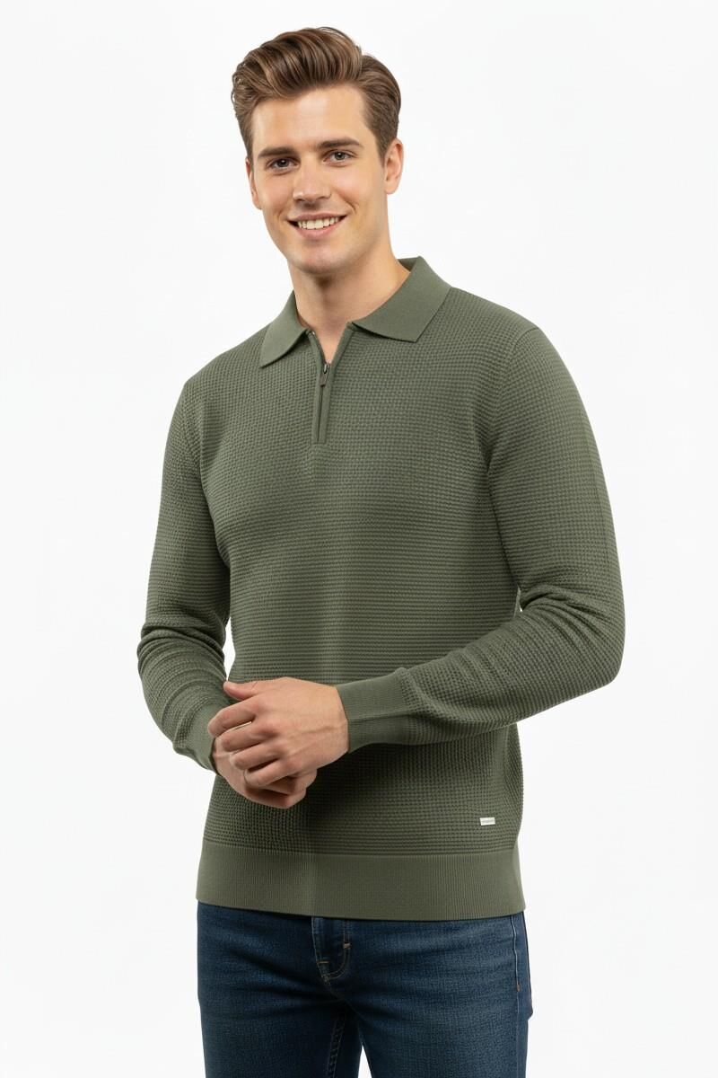 Erkek Fermuarlı Polo Yaka Triko Kazak 5240F BGL-ST04852 YEŞİL - 2XL