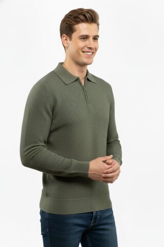 Erkek Fermuarlı Polo Yaka Triko Kazak 5240F BGL-ST04852 YEŞİL - 2XL