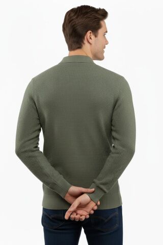 Erkek Fermuarlı Polo Yaka Triko Kazak 5240F BGL-ST04852 YEŞİL - 2XL