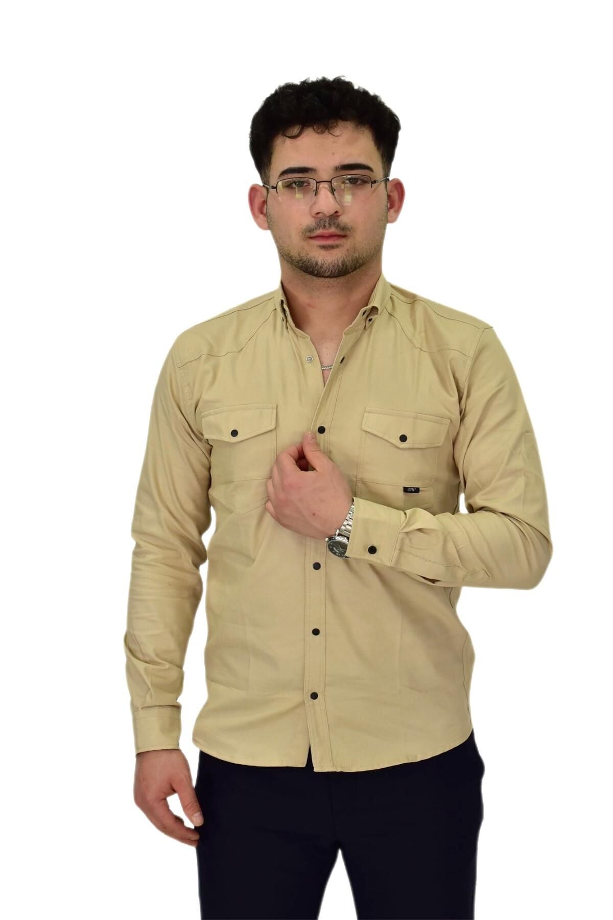 Erkek Spor Likralı Gömlek BGL-ST04343 BEJ - 4XL