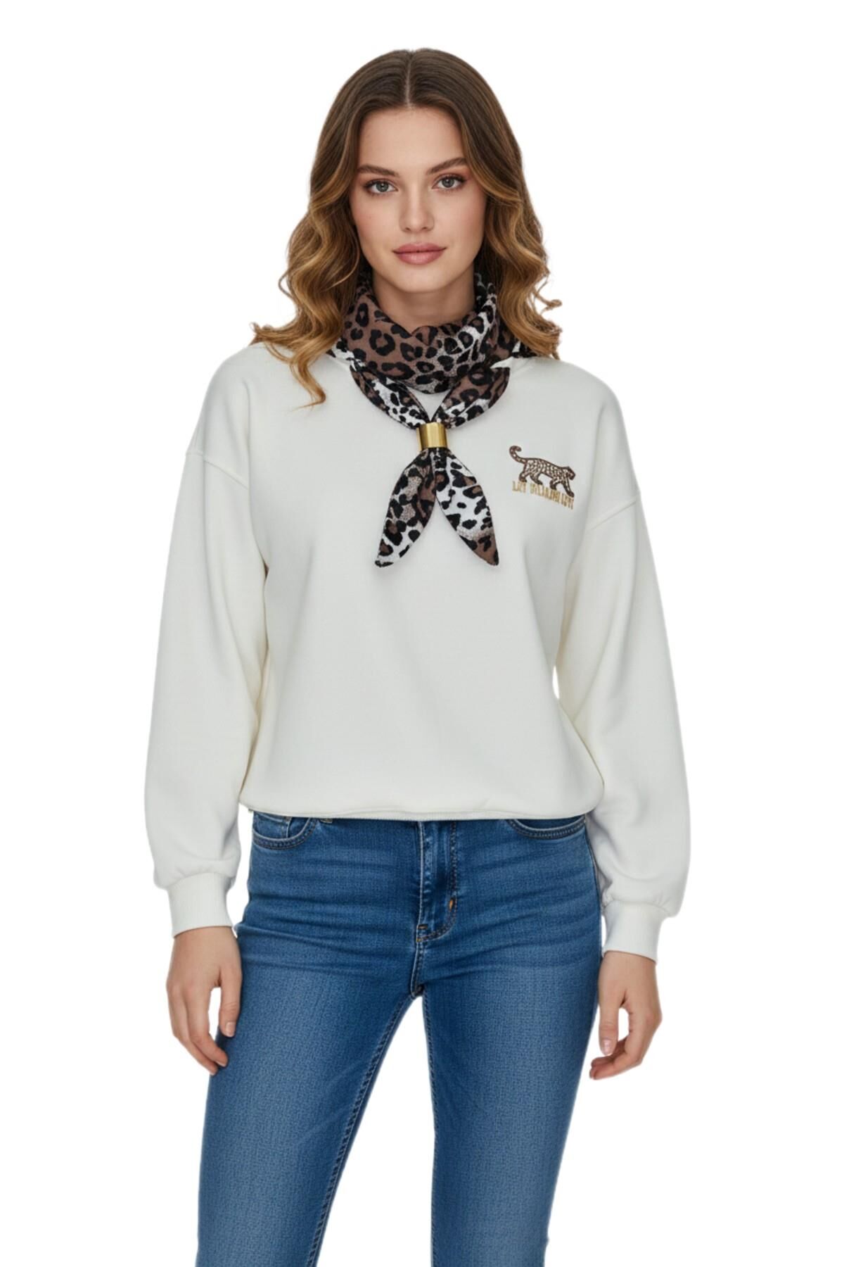Kadın Spor Sıfıryaka Sweatshirt Fular lı BGL-ST05062 KREM - L
