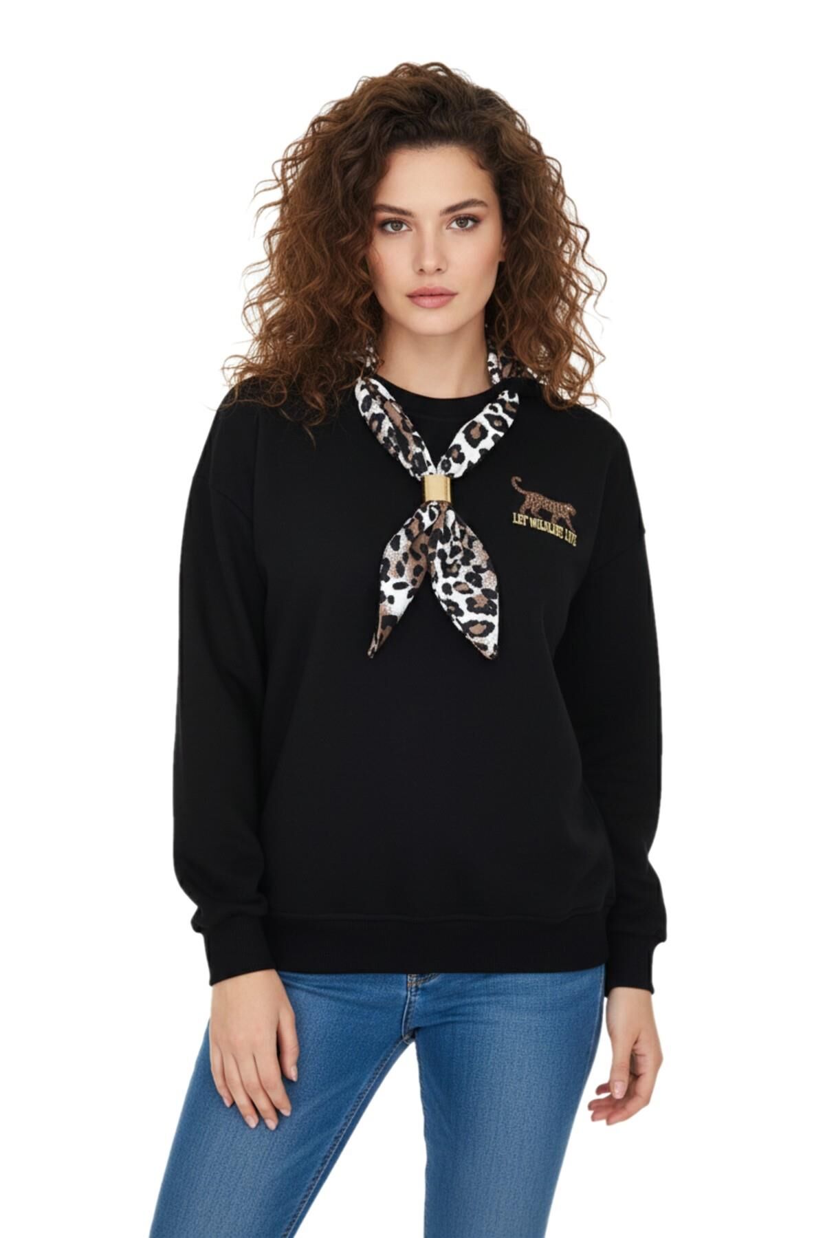 Kadın Spor Sıfıryaka Sweatshirt Fular lı BGL-ST05062 SİYAH - L