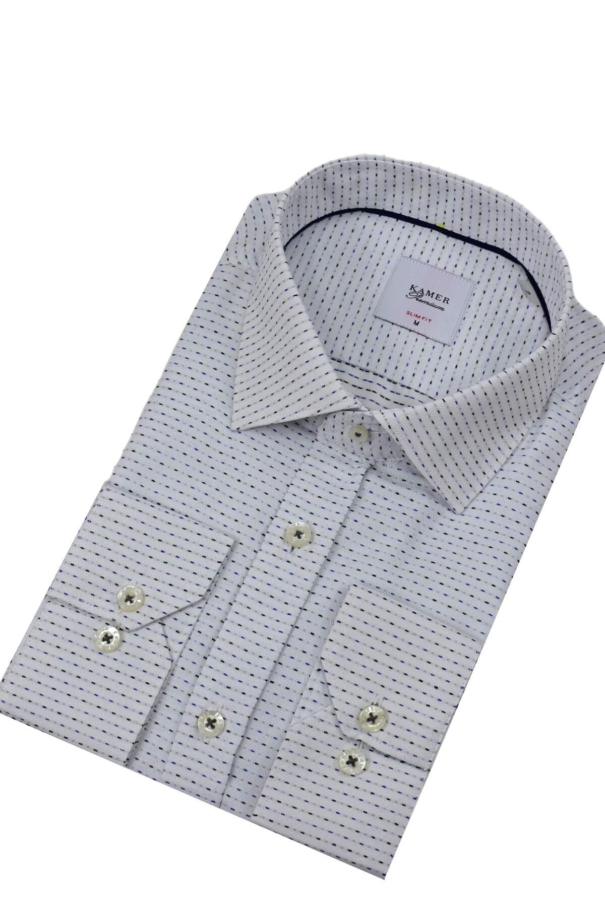 Erkek Puantiyeli Slim Fitt Uzun Kol Gömlek 2403 BGL-ST04376 LACİVERT - XL