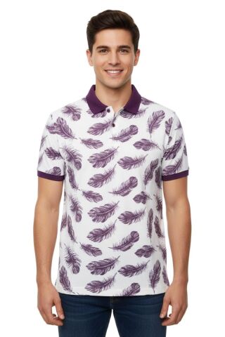 Erkek Yaprak Desenli Polo Yaka Tişört BGL-ST00524 MOR - XL