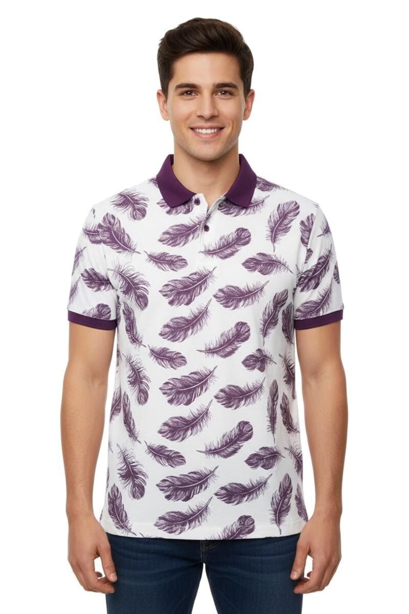 Erkek Yaprak Desenli Polo Yaka Tişört BGL-ST00524 MOR - XXL