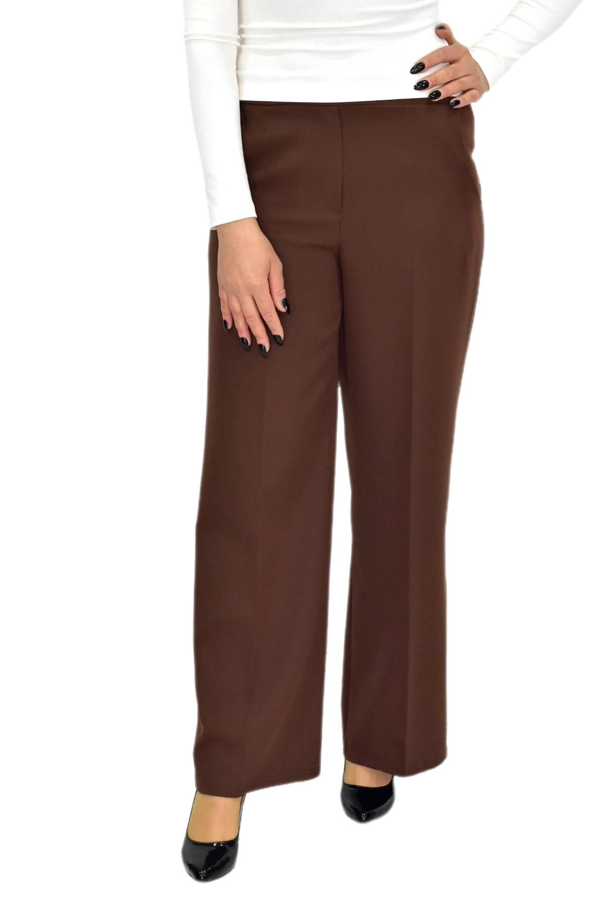 Kadın Bol Paça Beli Lastikli Kumaş Pantolon BGL-ST04322 KAHVE - 40