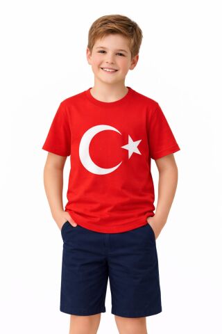 Türk Bayraklı Kız Erkek Çocuk Penye Tshirt BGL-ST05507