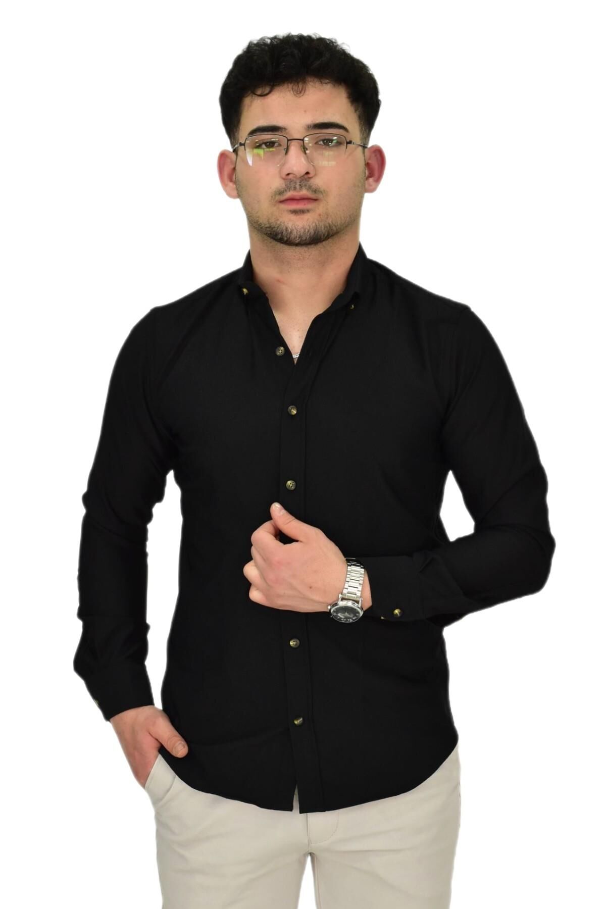 Erkek Likralı Spor Silim Fit Gömlek BGL-ST04327 SİYAH - L